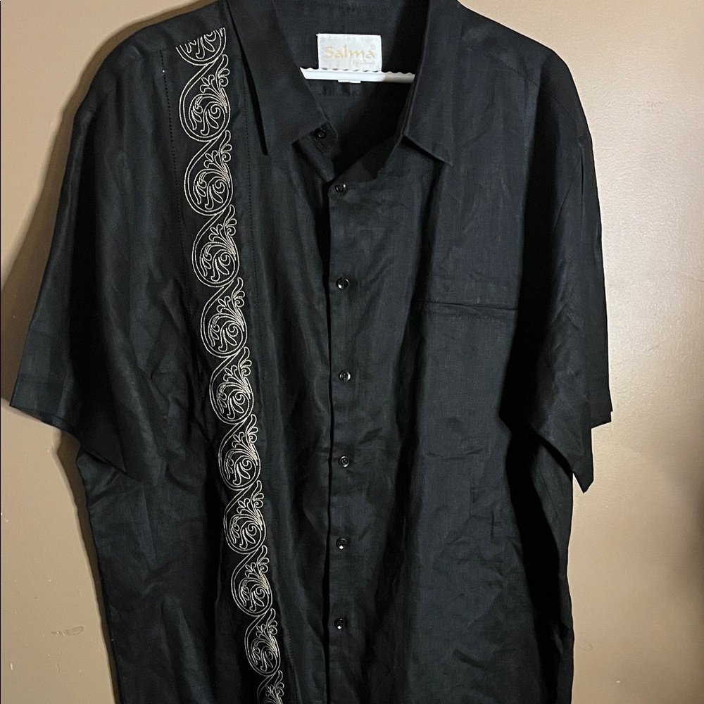 😄Black linen dress shirt short sleeve 4XL